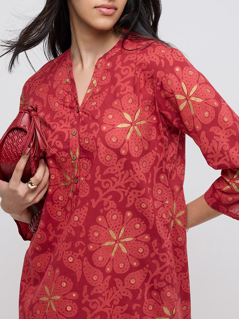 Utsa Red Buta Print A-Line Cotton Kurta