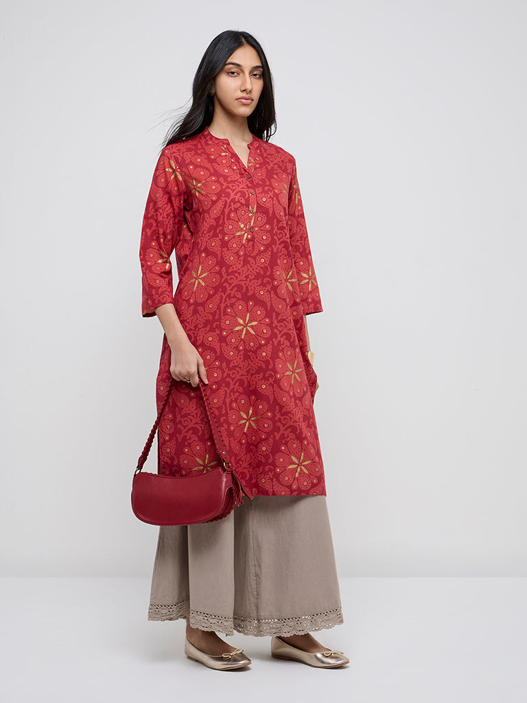 Utsa Red Buta Print A-Line Cotton Kurta