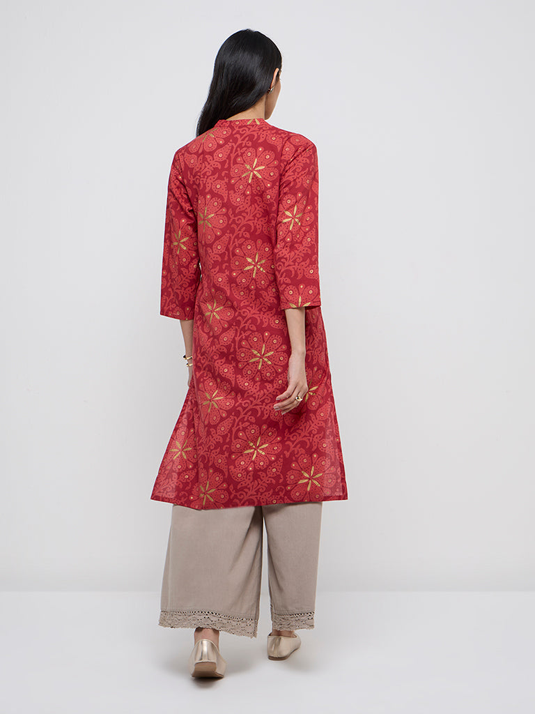 Utsa Red Buta Print A-Line Cotton Kurta