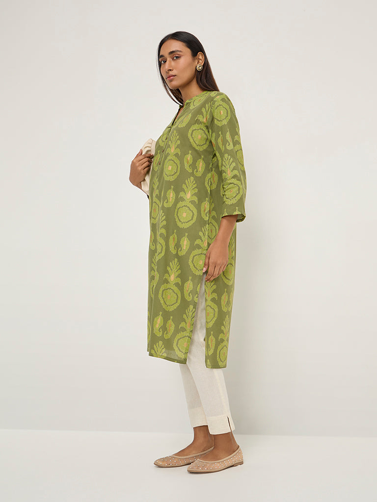 Utsa Lime Ikat Printed Straight Cotton Kurta