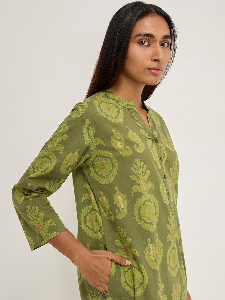 Utsa Lime Ikat Printed Straight Cotton Kurta