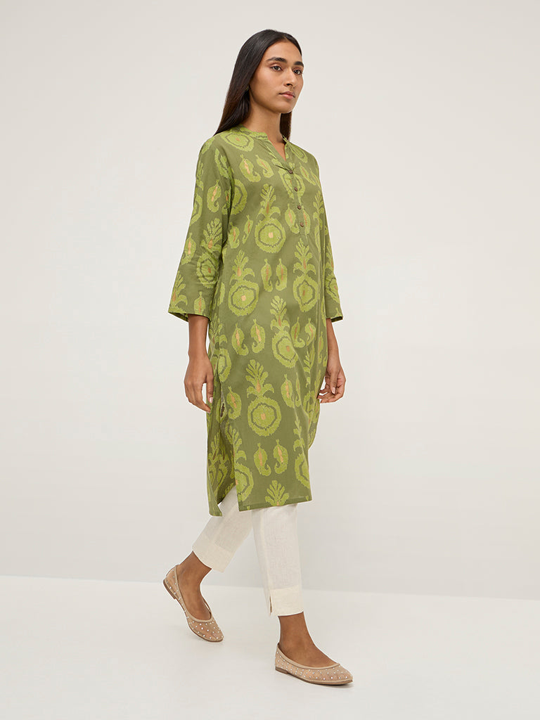 Utsa Lime Ikat Printed Straight Cotton Kurta