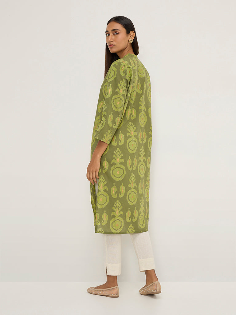 Utsa Lime Ikat Printed Straight Cotton Kurta