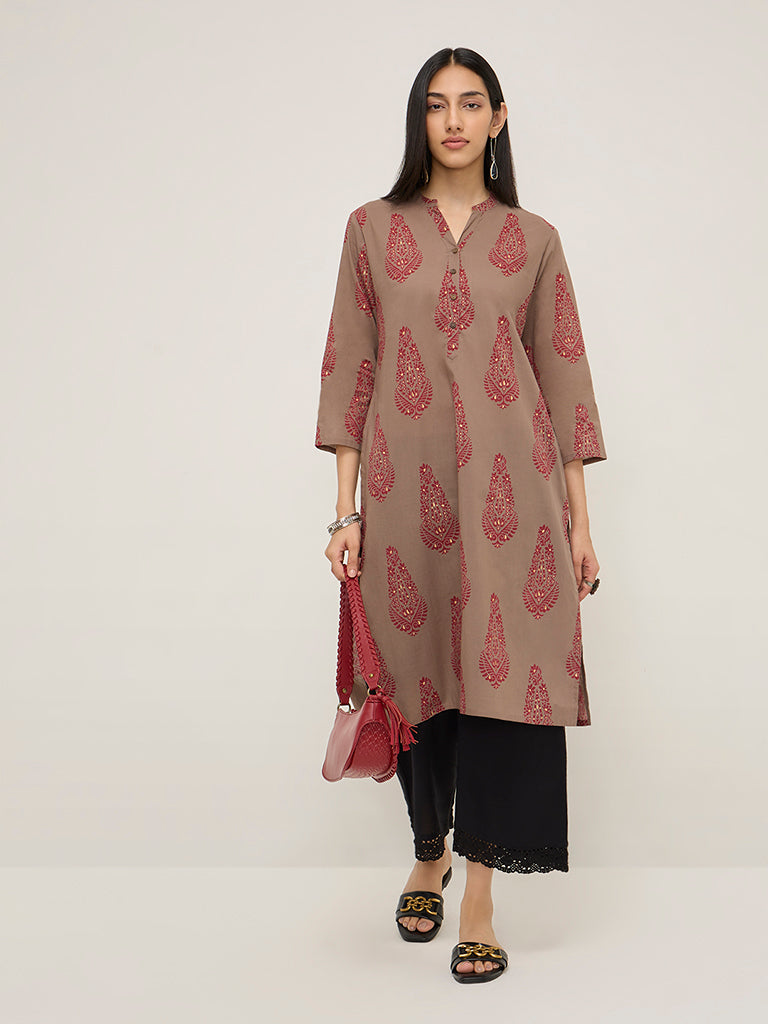 Utsa Dark Taupe Butta Design A-Line Cotton Kurta