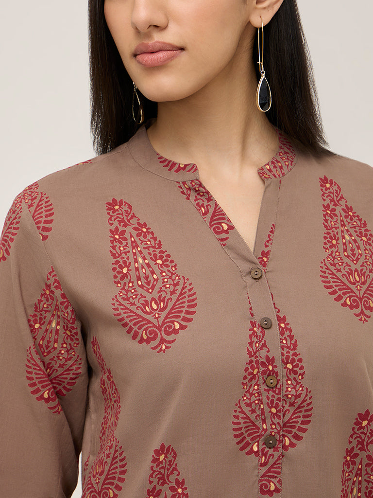 Utsa Dark Taupe Butta Design A-Line Cotton Kurta