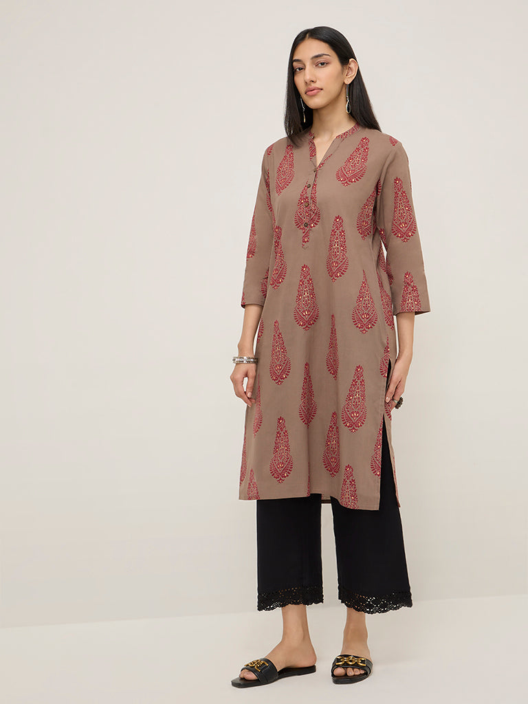 Utsa Dark Taupe Butta Design A-Line Cotton Kurta