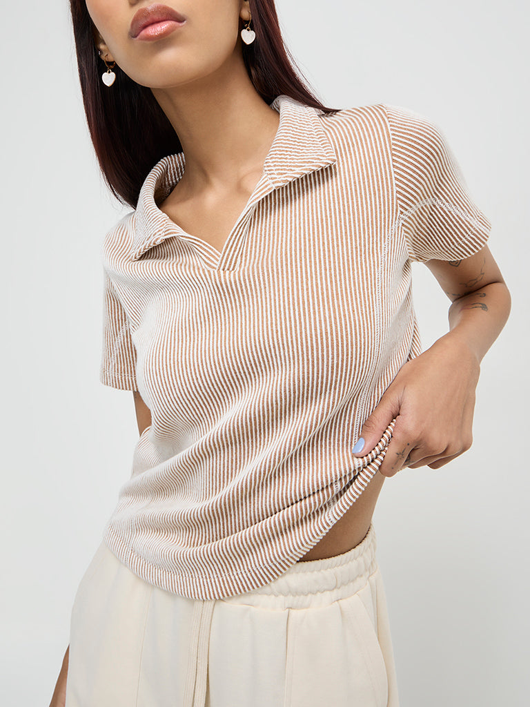 Studiofit Brown Ribbed T-Shirt