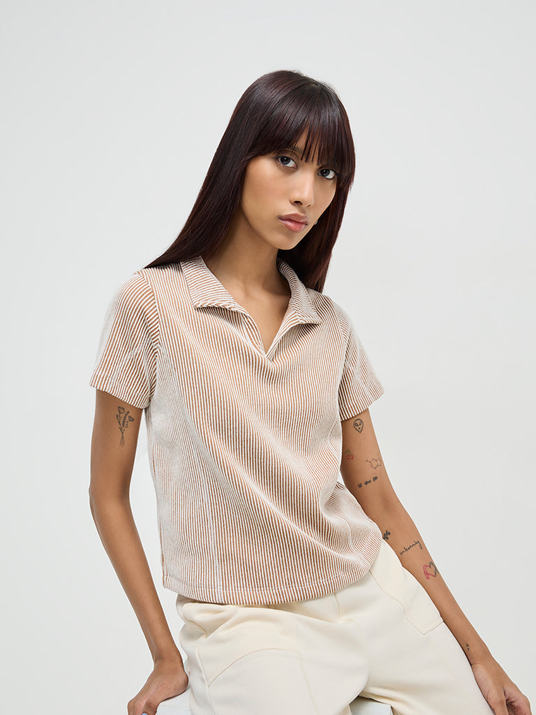 Studiofit Brown Ribbed T-Shirt