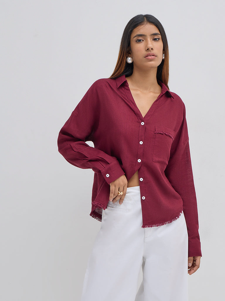 LOV Burgundy Fringe-Detailed Shirt