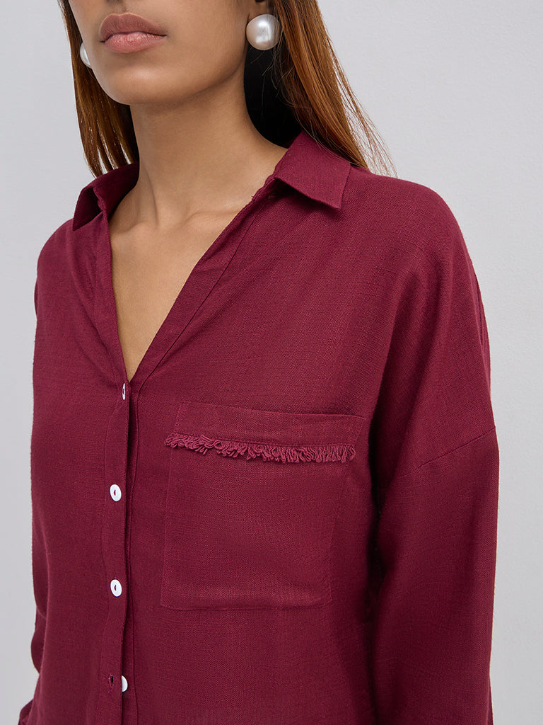 LOV Burgundy Fringe-Detailed Shirt