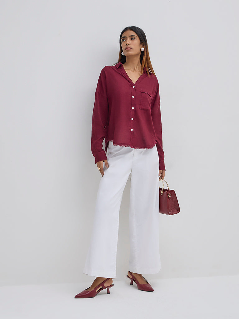 LOV Burgundy Fringe-Detailed Shirt