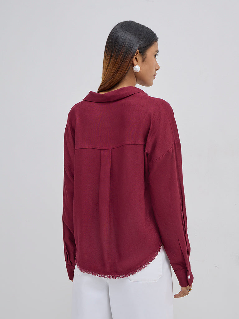 LOV Burgundy Fringe-Detailed Shirt