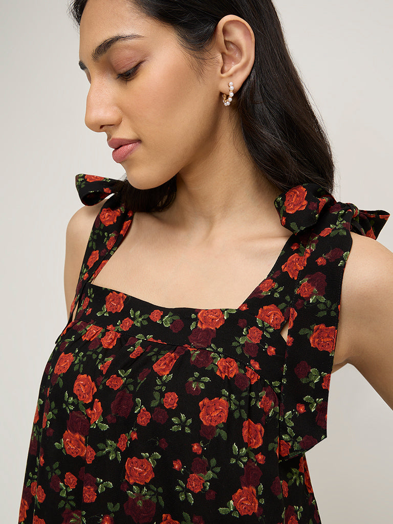 LOV Black Floral Patterned Top