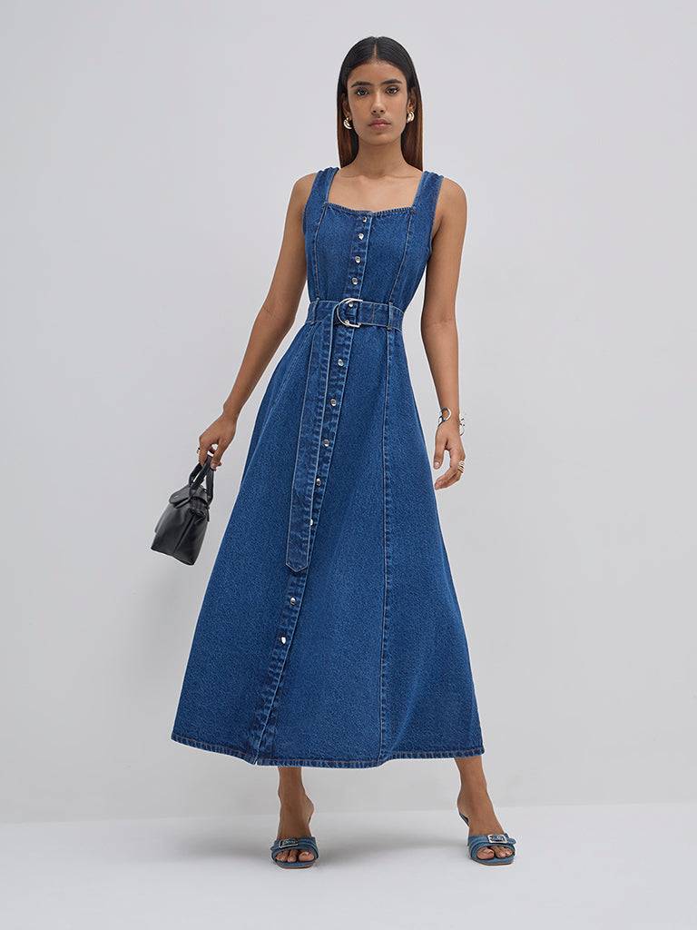 LOV Dark Blue Fit-and-Flare Denim Maxi Dress with Belt