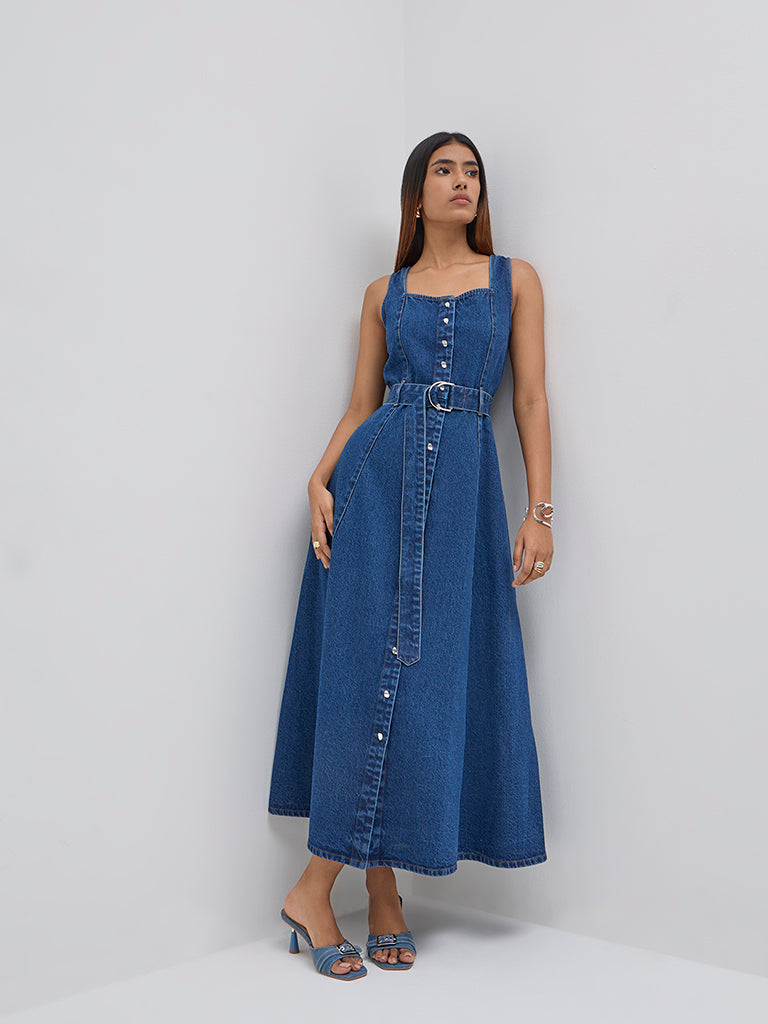 LOV Dark Blue Fit-and-Flare Denim Maxi Dress with Belt