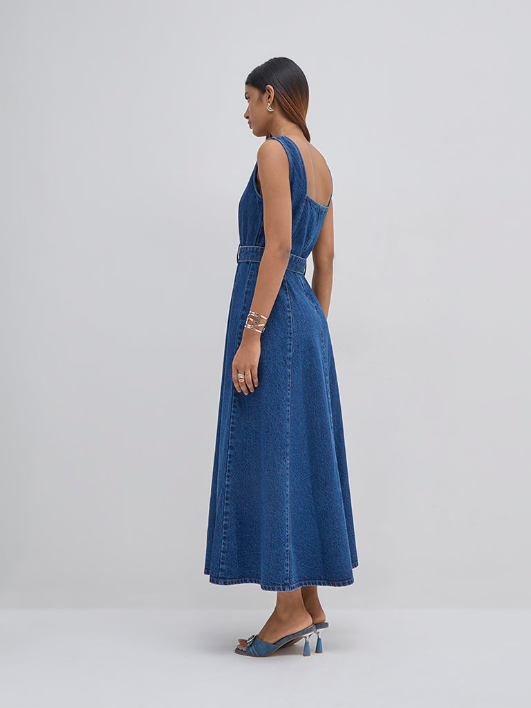 LOV Dark Blue Fit-and-Flare Denim Maxi Dress with Belt