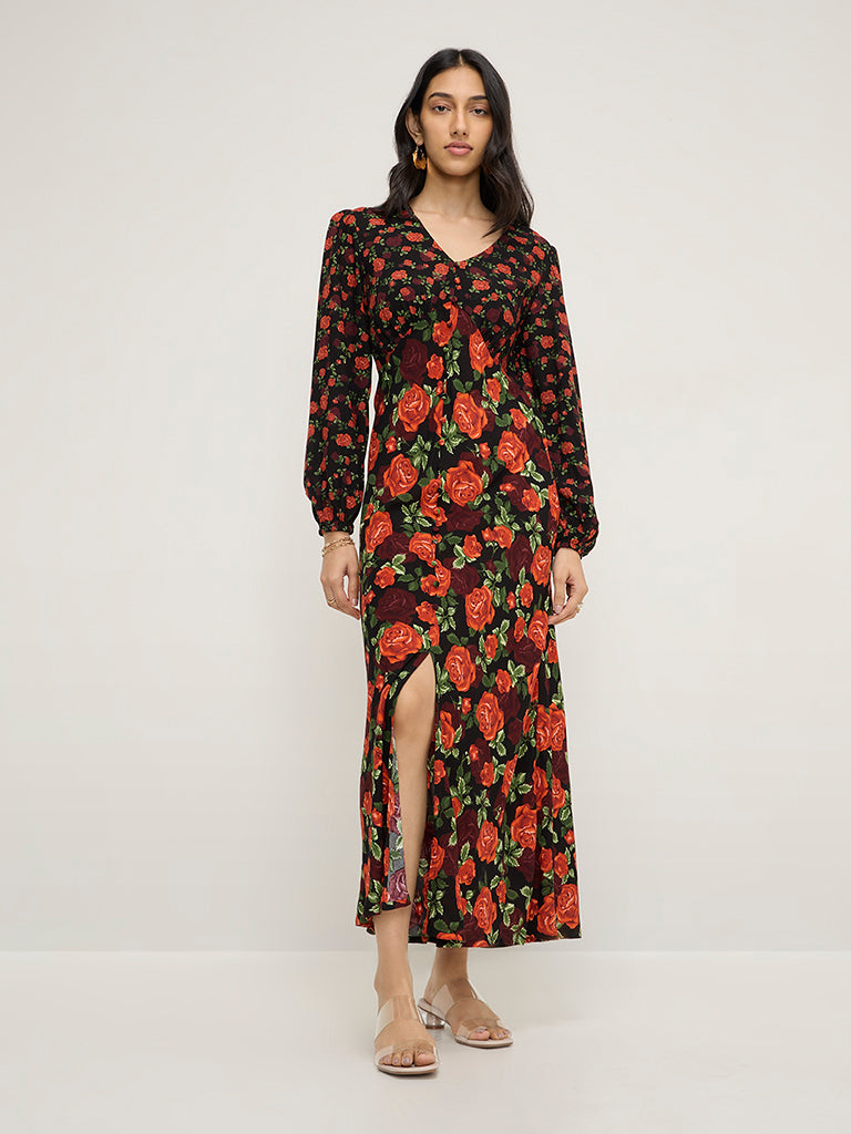 LOV Black Floral Design A-Line Dress