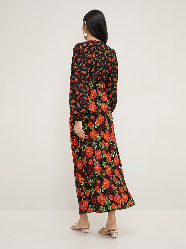 LOV Black Floral Design A-Line Dress