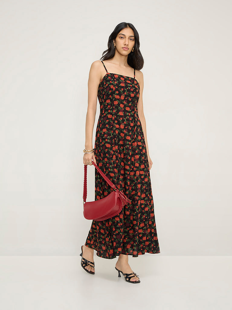 LOV Black Floral Printed A-Line Dress