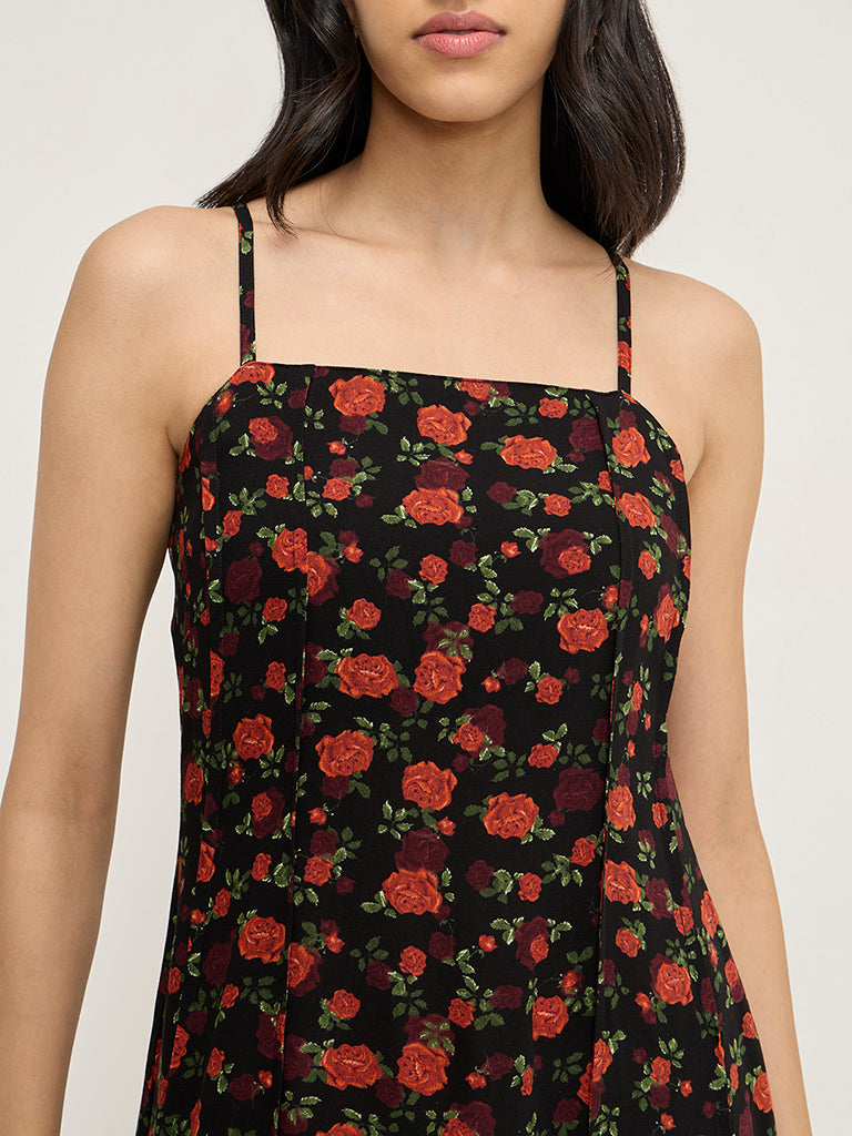 LOV Black Floral Printed A-Line Dress