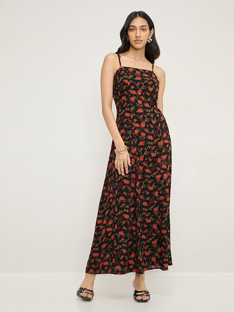 LOV Black Floral Printed A-Line Dress