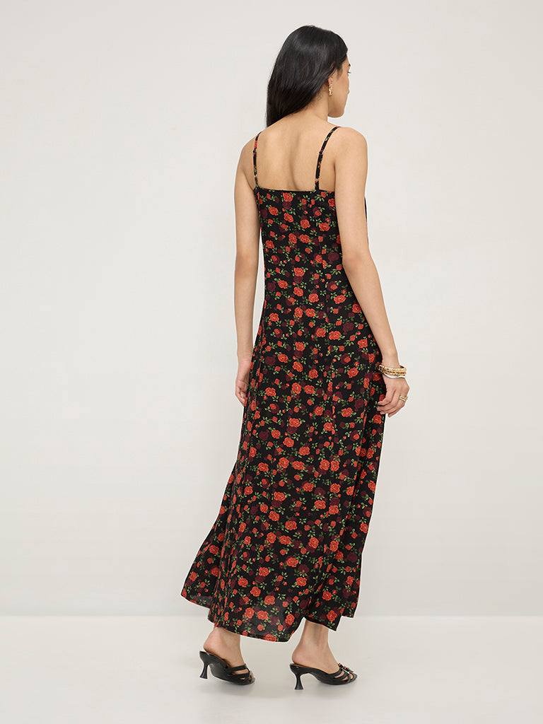 LOV Black Floral Printed A-Line Dress