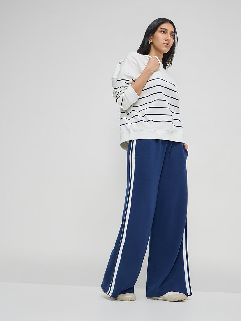 LOV Blue Solid High-Rise Cotton-Blend Track Pants