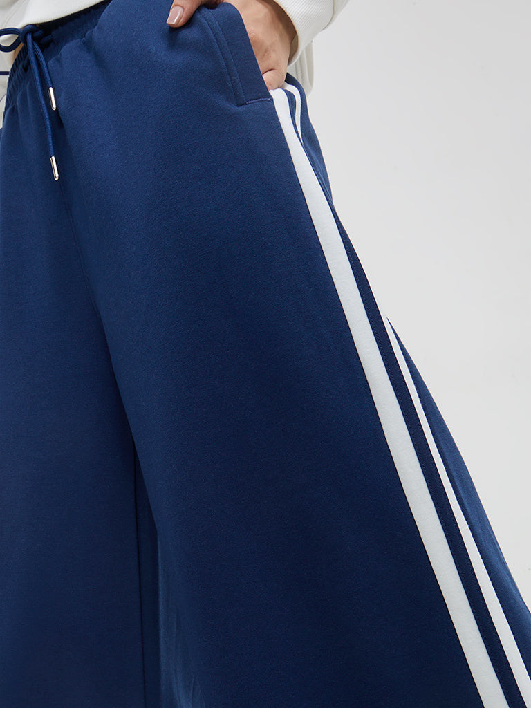 LOV Blue Solid High-Rise Cotton-Blend Track Pants