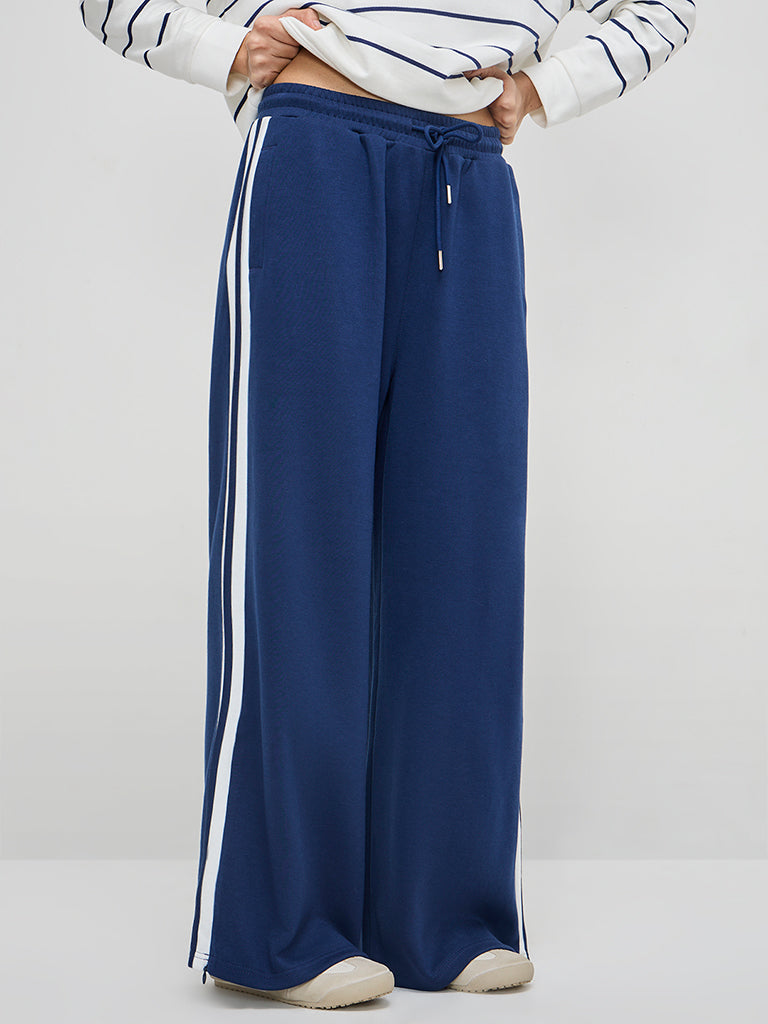 LOV Blue Solid High-Rise Cotton-Blend Track Pants