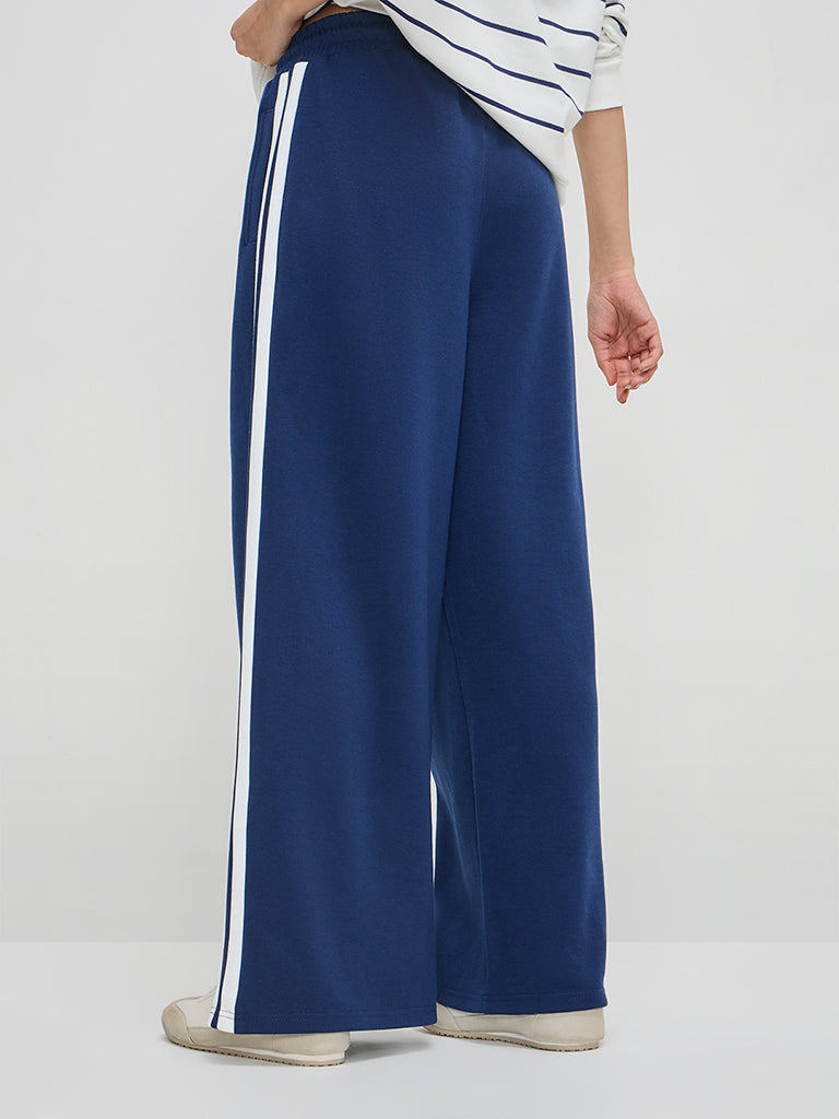 LOV Blue Solid High-Rise Cotton-Blend Track Pants