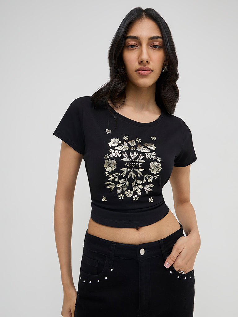 LOV Black Floral Printed Cotton T-Shirt