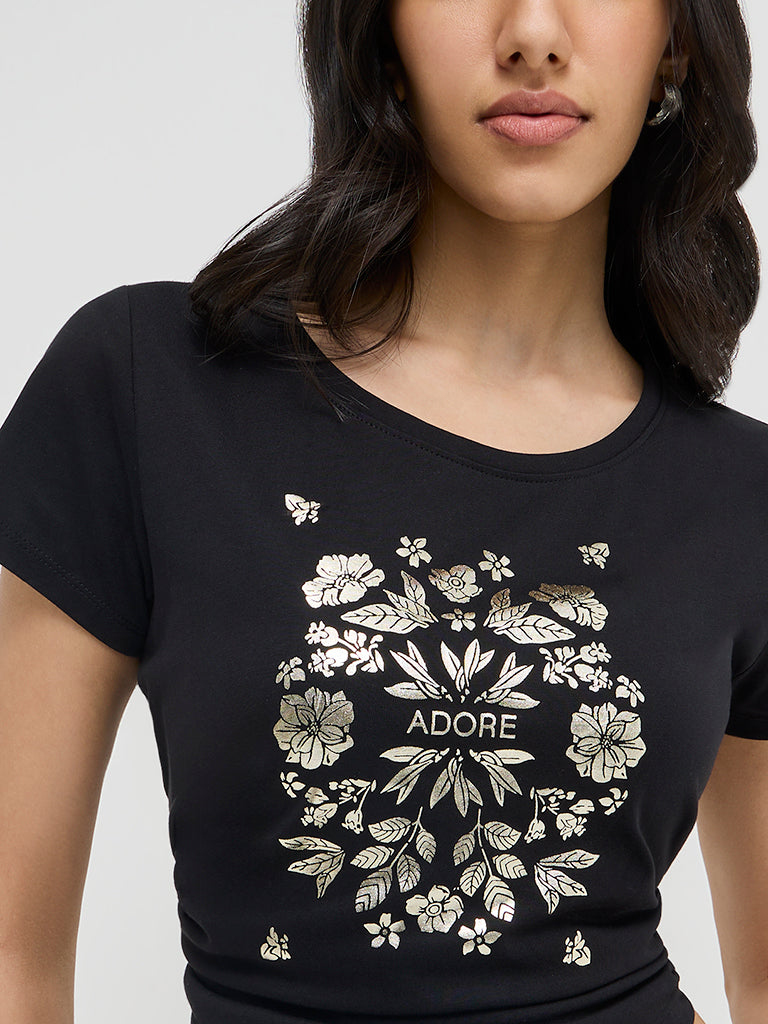 LOV Black Floral Printed Cotton T-Shirt