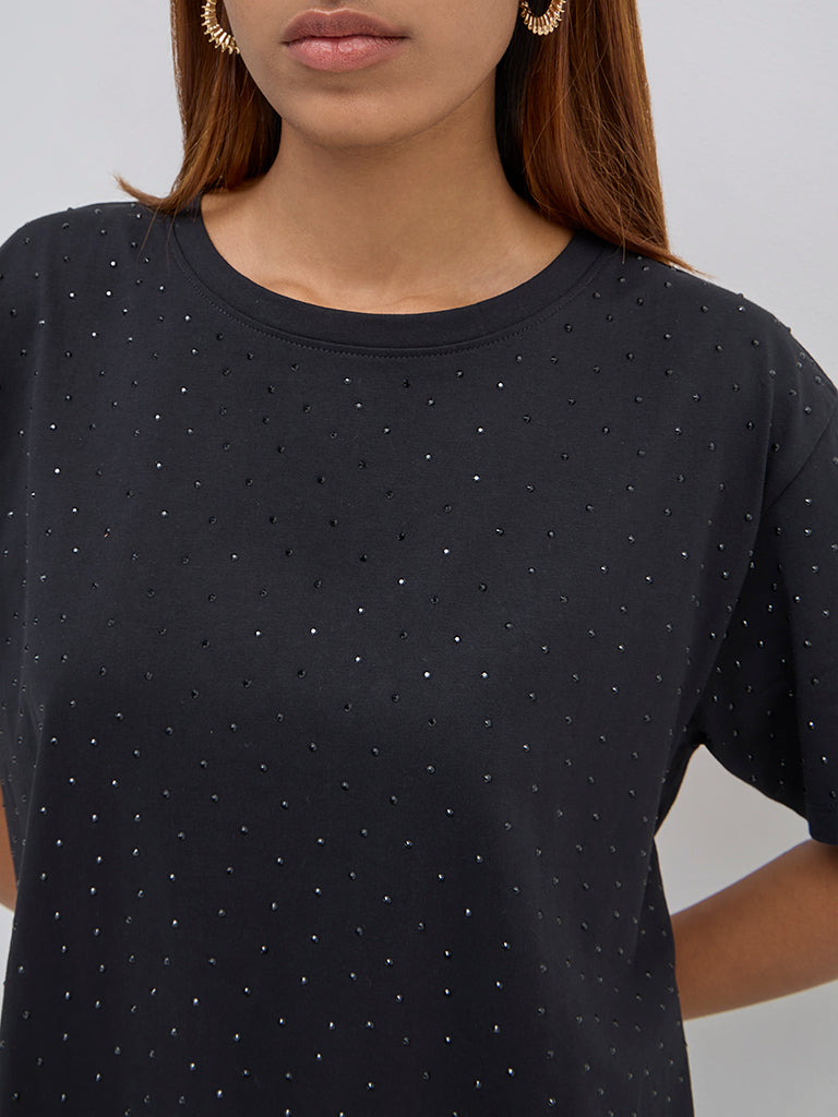 LOV Black Embellished Cotton T-Shirt