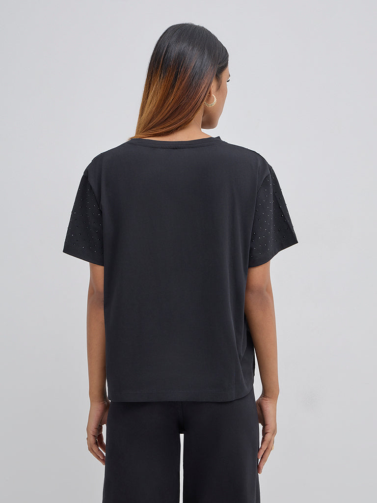 LOV Black Embellished Cotton T-Shirt