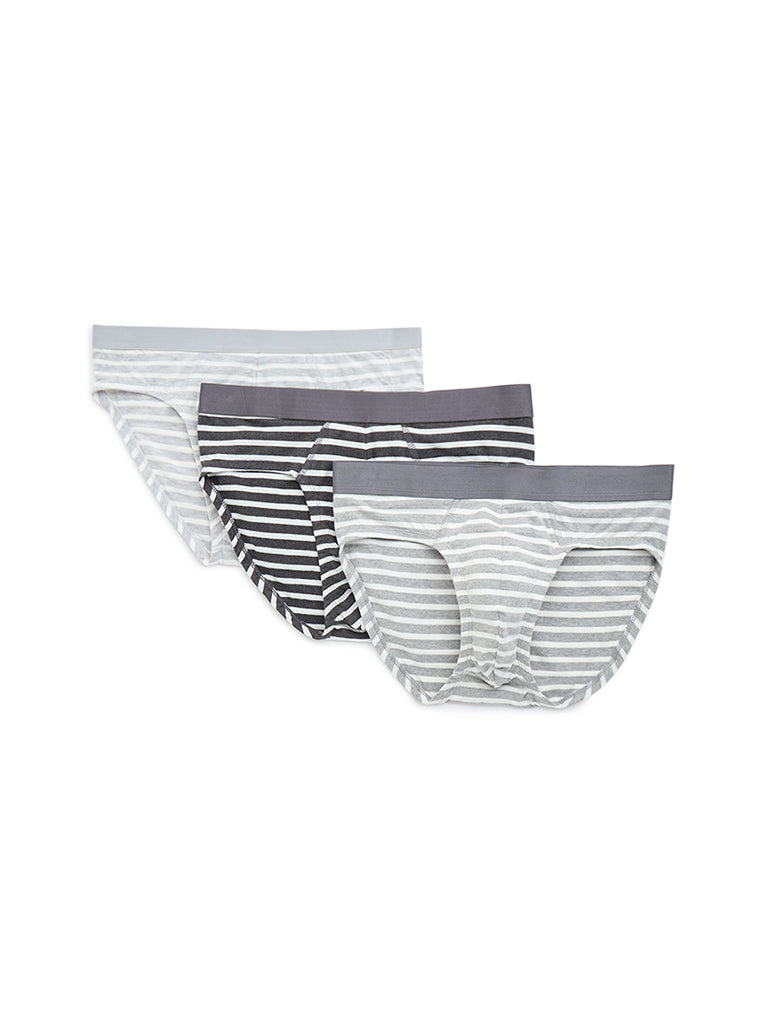 WES Lounge Grey Striped Cotton Briefs - Pack of 3