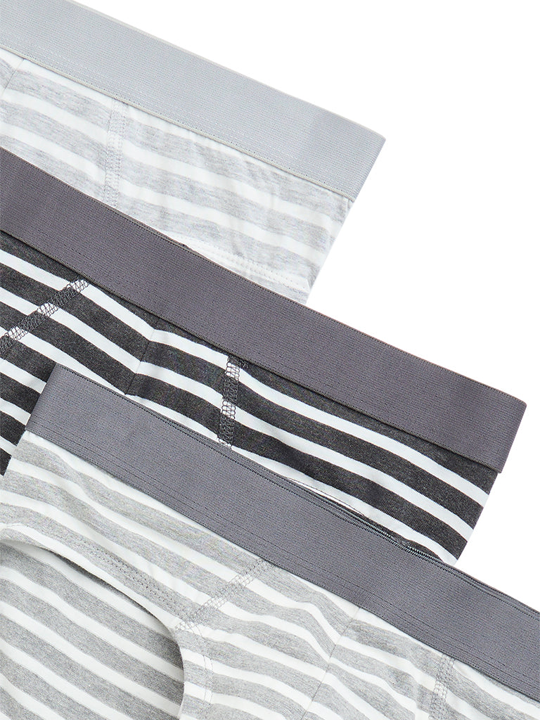 WES Lounge Grey Striped Cotton Briefs - Pack of 3