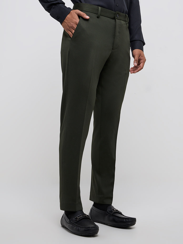 WES Formals Dark Green Slim-Tapered Mid-Rise Trousers