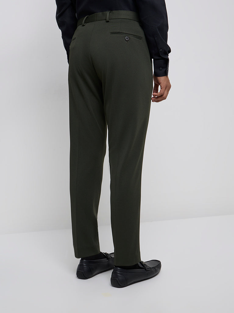 WES Formals Dark Green Slim-Tapered Mid-Rise Trousers