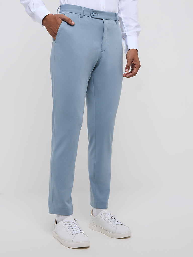 WES Formals Light Blue Slim-Tapered Mid-Rise Trousers