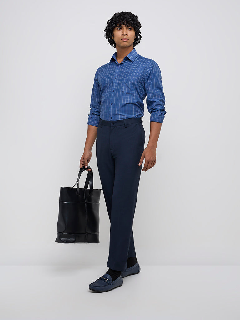 WES Formals Navy Solid Slim-Fit Mid-Rise Trousers