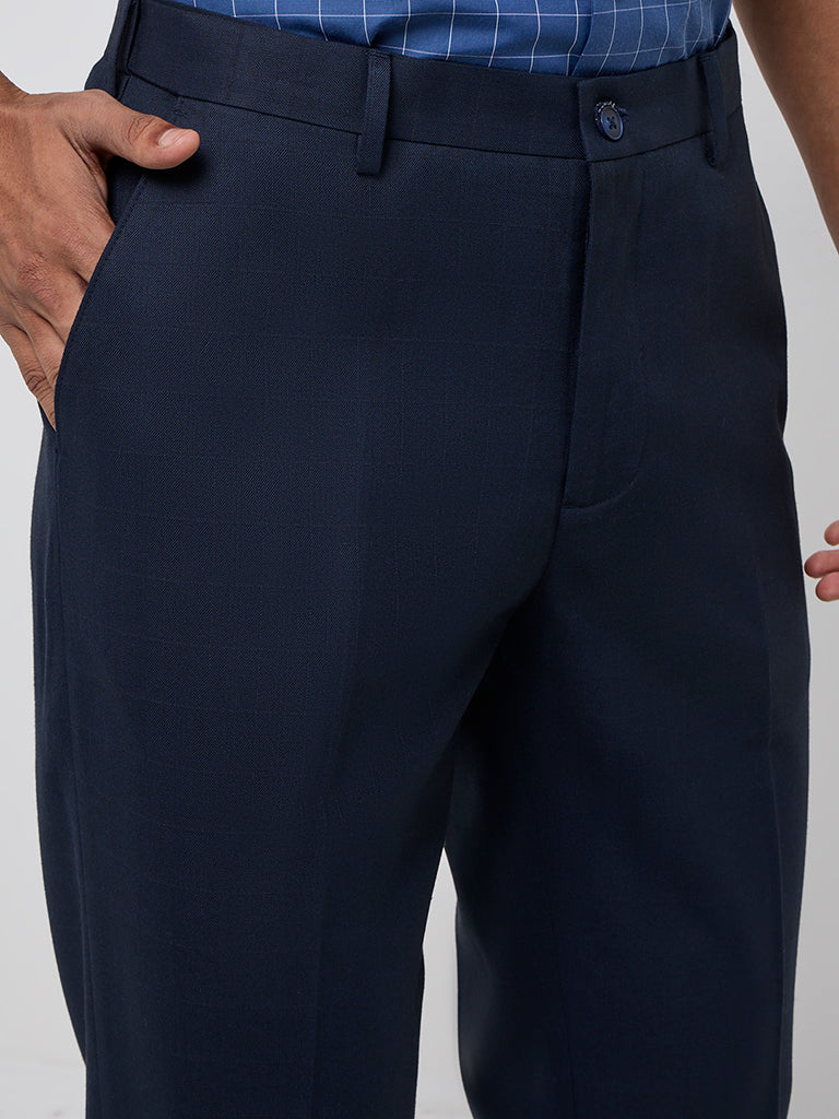 WES Formals Navy Solid Slim-Fit Mid-Rise Trousers