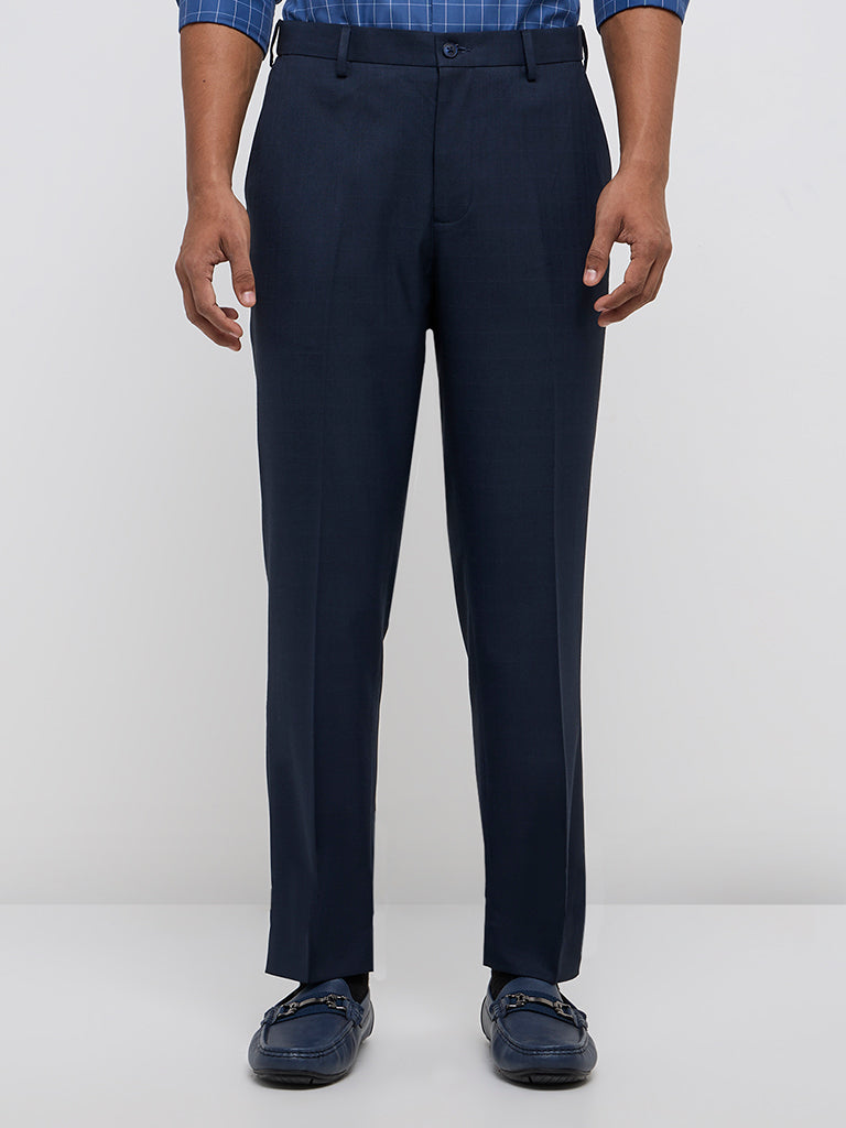 WES Formals Navy Solid Slim-Fit Mid-Rise Trousers