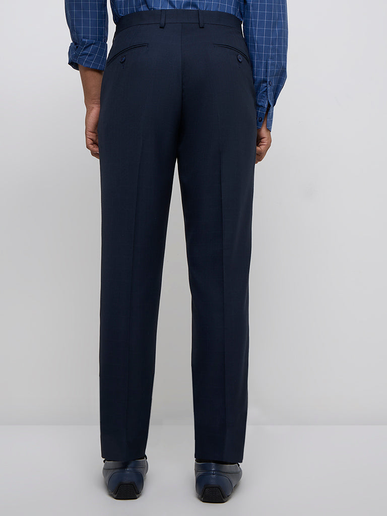 WES Formals Navy Solid Slim-Fit Mid-Rise Trousers