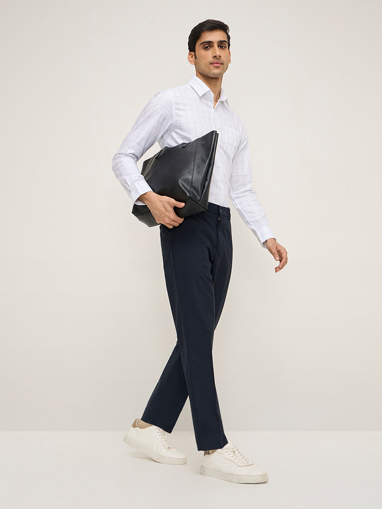 WES Formals Navy Relaxed-Fit Mid-Rise Trousers