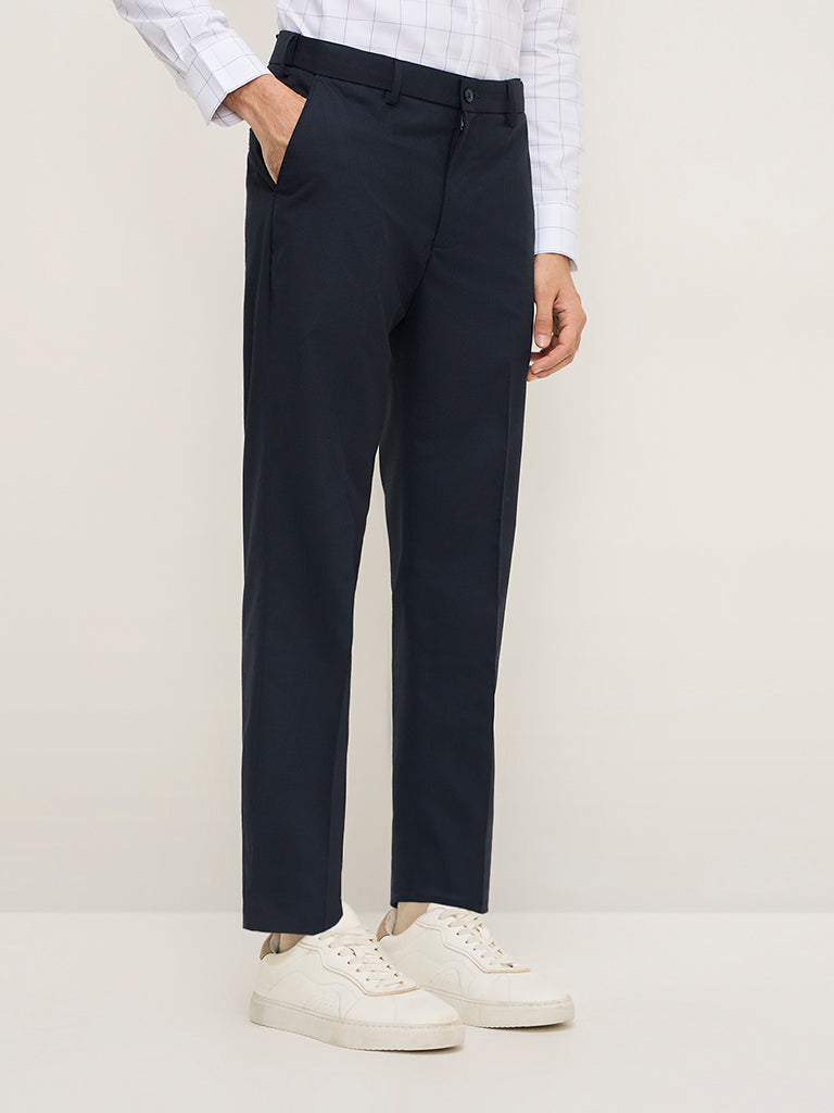 WES Formals Navy Relaxed-Fit Mid-Rise Trousers