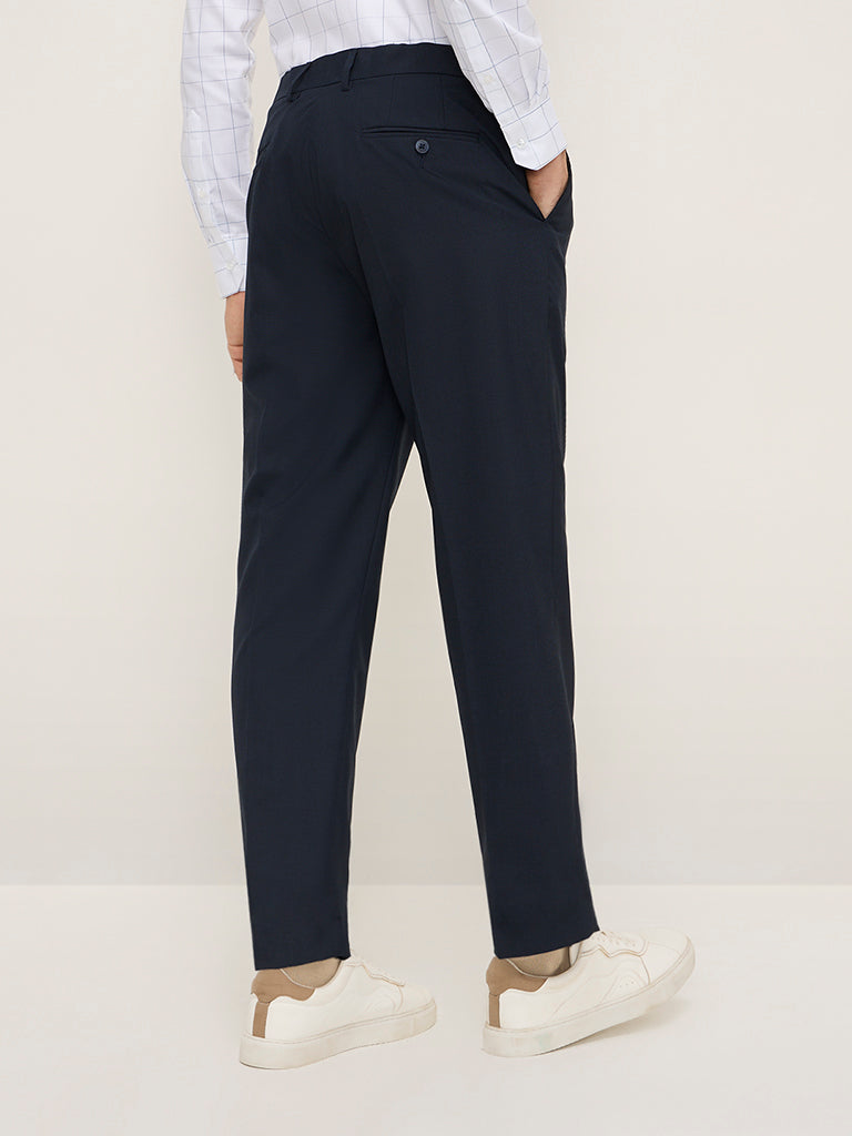 WES Formals Navy Relaxed-Fit Mid-Rise Trousers