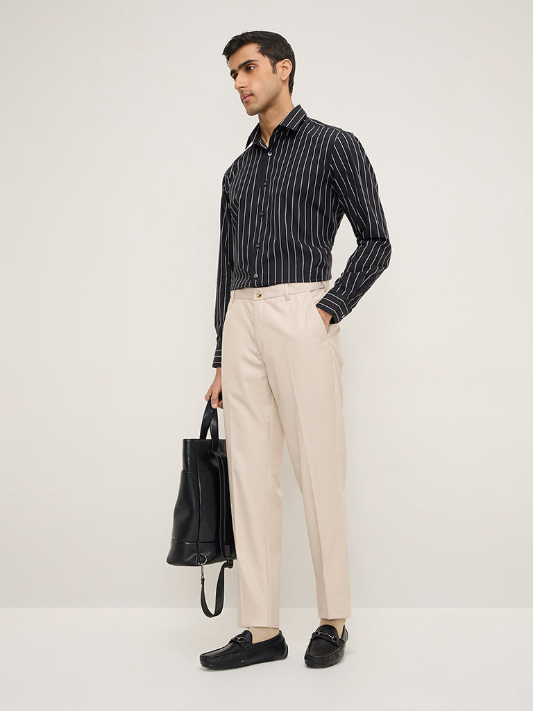 WES Formals Beige Relaxed-Fit Mid-Rise Trousers