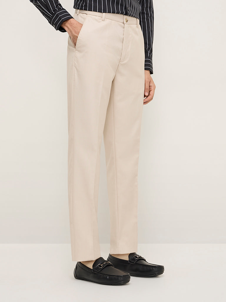 WES Formals Beige Relaxed-Fit Mid-Rise Trousers