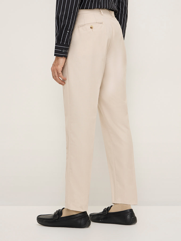 WES Formals Beige Relaxed-Fit Mid-Rise Trousers