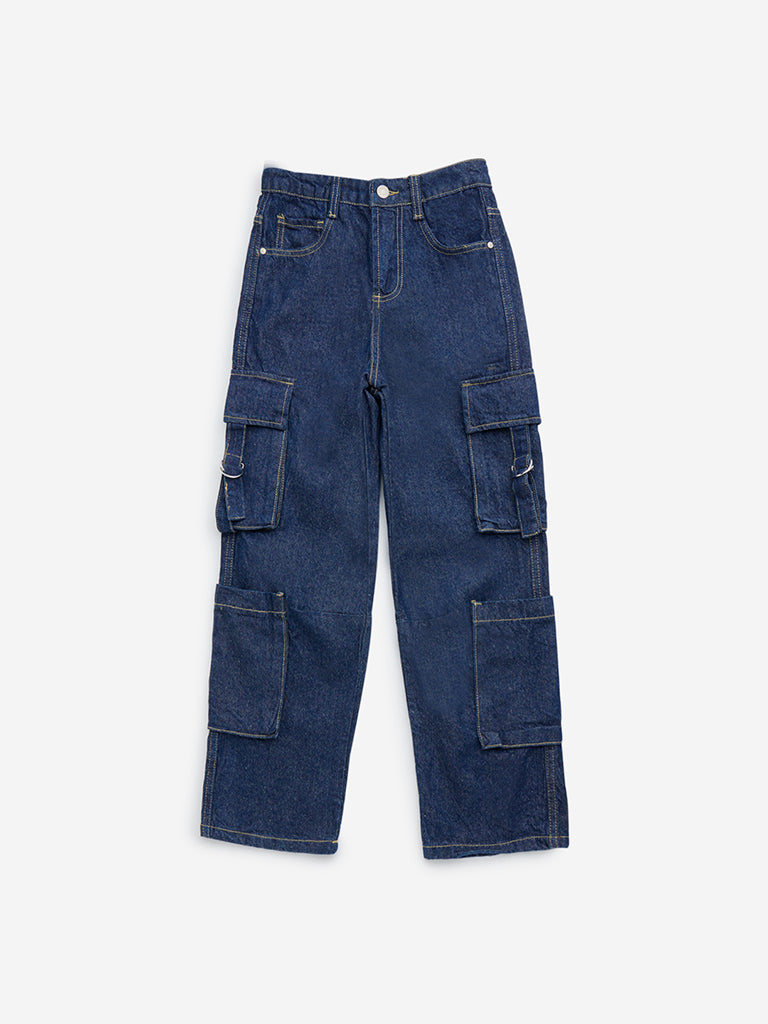 Y&F Kids Dark Blue Cargo-Style Straight - Fit Mid - Rise Jeans